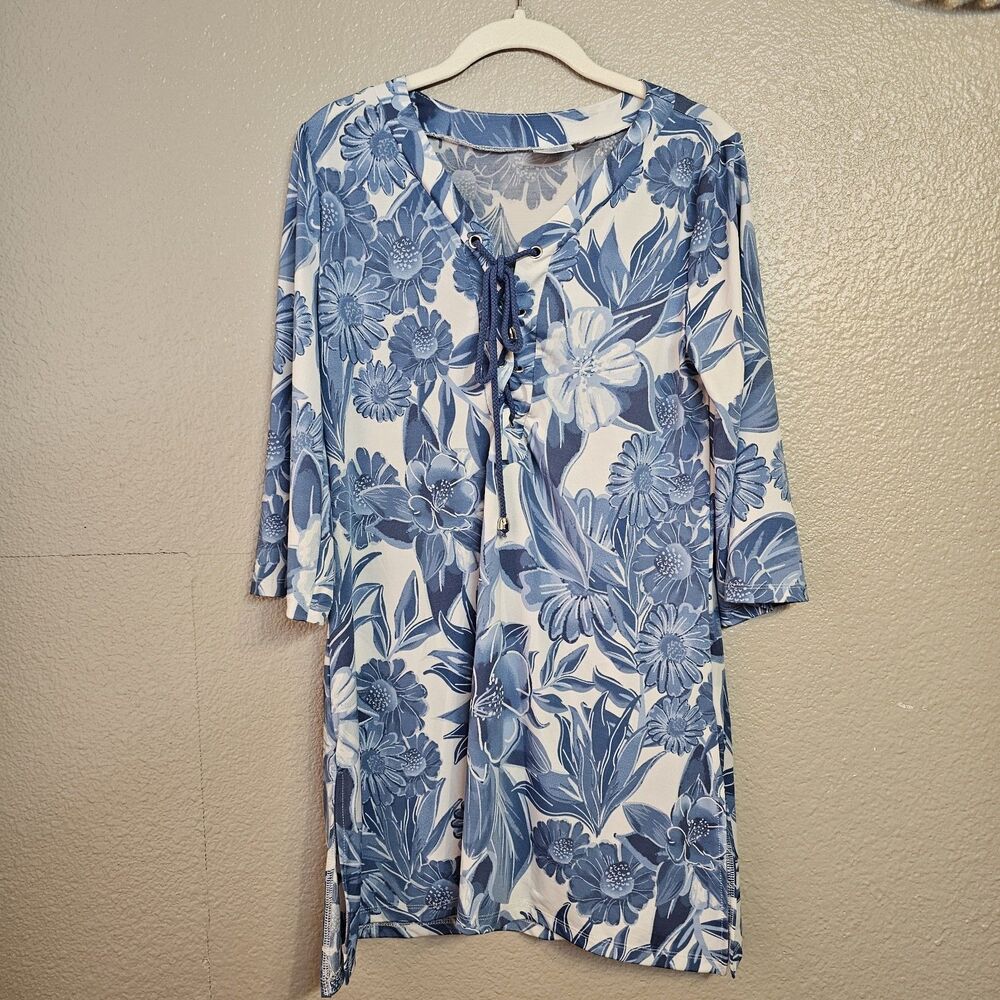 Beach Break Blue Floral Swim Cover Up Women Sz S Lace-Up Neck Beach Coastal I104
